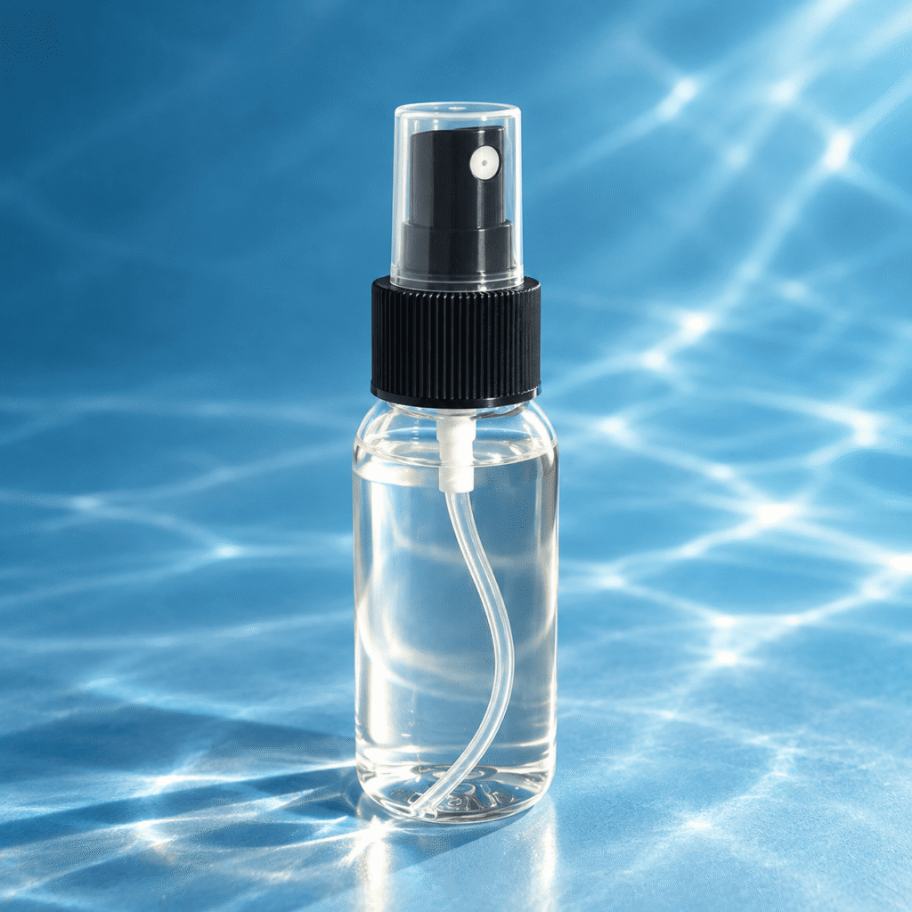 Magna-Force 50ml mineral spray bottle with black nozzle against a blue water background