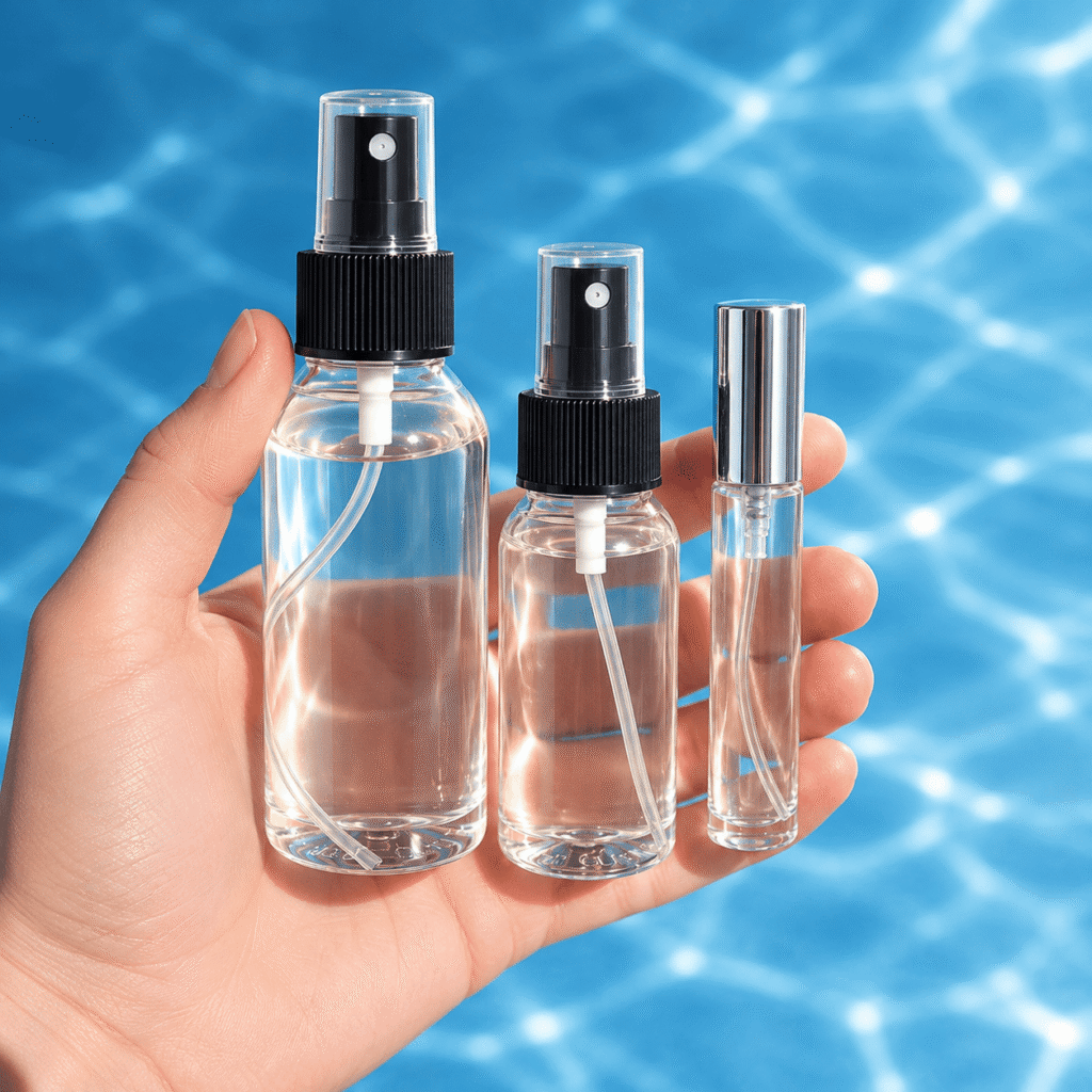 Hand holding Magna-Force mineral solution bottles in 100ml, 50ml and 15ml sizes